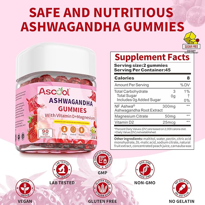 Ashwagandha Gummies, Sugar Free Ashwagandha Root Extract with Vitamin D & Magnesium, 90ct Vegan, Non-GMO, Gluten & Gelatin Free