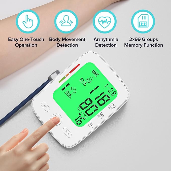 Blood Pressure Monitor for Home Use, Automatic Upper Arm Blood Pressure Machine with Large LCD Display, Adjustable Cuff (9 to 17 inches), 2 x 99 Memory Sets, Easy to use/Travel