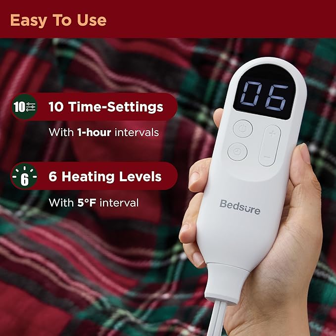 Bedsure Plaid Electric Blanket Twin - Flannel Sherpa Heated Blanket with Plaid Pattern, Heating with 6 Heating Levels, 10 Time Settings, 8-Hour Auto-Off, Warm Gifts for Grandma (Red, 62"x84")