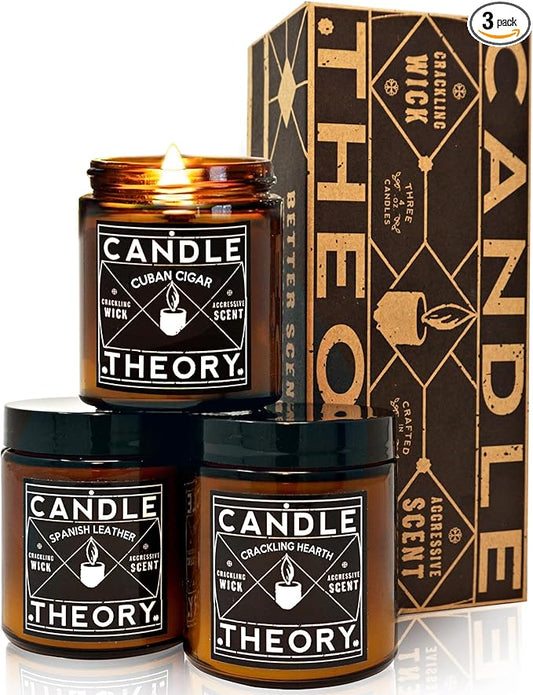 Scented Candle Gift Set of 3, 4oz Candles, Crackling Wood Wick Candled for Home, 3 Scents Cuban Cigar, Spanish Leather, Crackling Hearth, Mens Candle Bachelor Pad Decor Man Cave Decor
