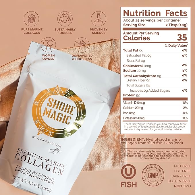 Premium Marine Collagen Powder – Hydrolyzed Type I, II, III & IV Peptides from Wild Fish for Skin, Hair, Nails & Joints, 14 Servings