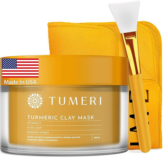 TUMERI Turmeric Clay Mask for Facial Skin Care – Turmeric with Vitamin C Clay Mask with Manuka Honey 2 oz – Facial Mask for Dark Spots, Scarring and Cleansing with Face Mask Brush Applicator & Towel