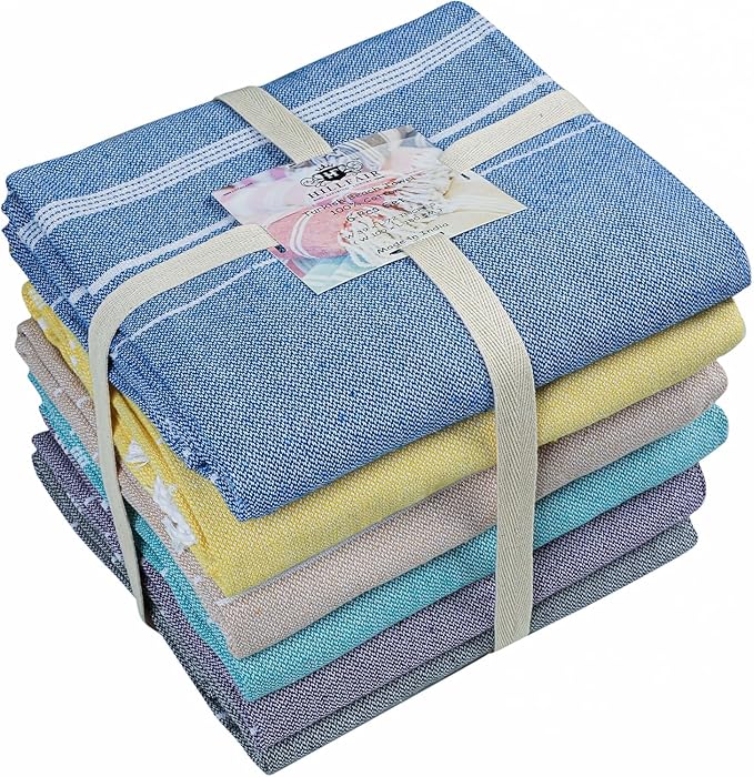 HILLFAIR Cotton Turkish Beach Towels- Lightweight Sand Free Peshtemal Hammam Towels for Bath Swim Yoga Spa- XXL Oversized Beach Towel (39 x 72 inch - 6 Pack Multicolor)