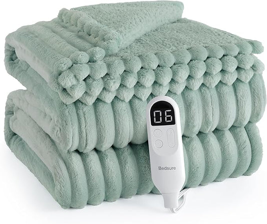 Bedsure Electric Blanket Twin - Thick Striped Flannel Electric Blanket, Heating with 10 Time Settings, 6 Heat Settings, and 8-Hour Timer Auto Shut Off, Gifts for Grandma (62x84 inches, Green)