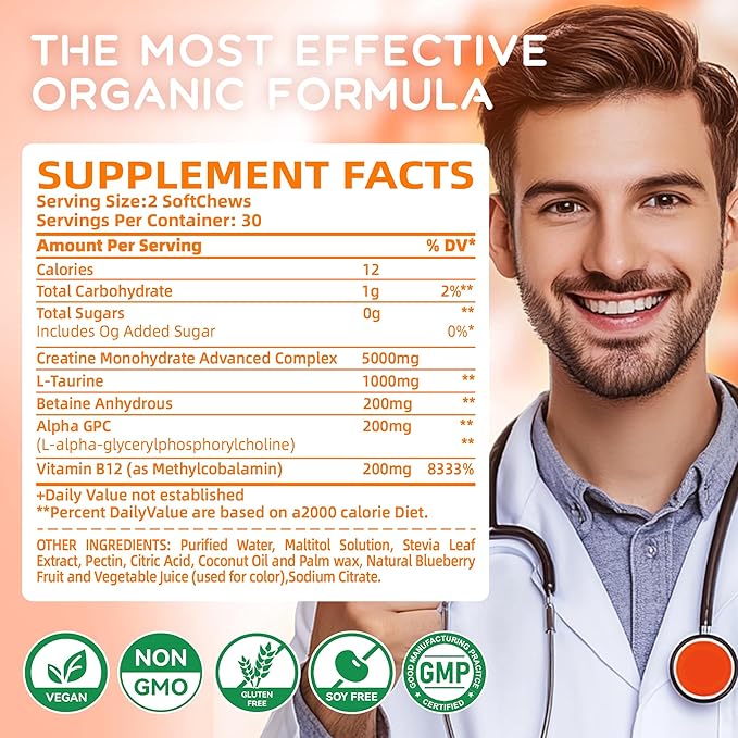 Creatine Monohydrate Soft Chews Complex 6400mg for Men & Women -Advanced Formula W/L-Taurine + Vitamin B12, Sugar Free Chewable Supplement,60 Orange Softchews