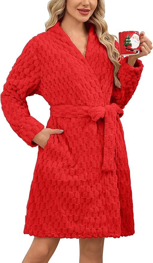 Ekouaer Women's Robes Short Plush Bathrobe Knee Length Warm Soft Jacquard Robe Winter House Coat with Pockets S-XXL
