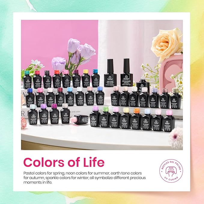 Beetles Winter Gel Nail Polish, 36 Colors Palette Green Brown Pink Yellow Blue Nude Glitter Color Gel Polish with Base Top Coat Soak Off UV LED All Seasons Gift for Women Girls