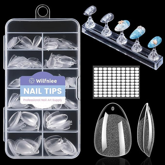 Extra Short Almond Nail Tips: 240Pcs Small Almond Shape Soft Gel Fake Nail Tips with Nail Stand, 12 Sizes Full Cover Clear Press on Nails for Girls for Home DIY Salon
