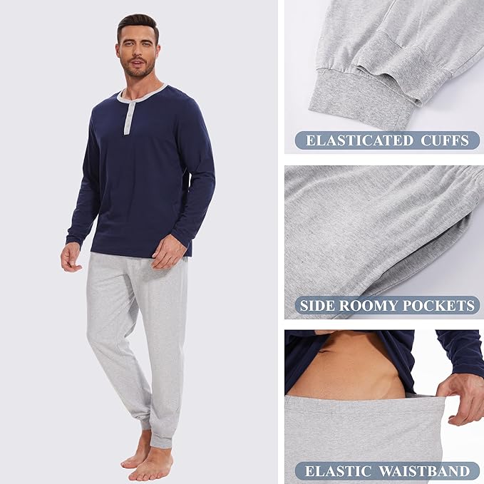 Men's Pajama Set with Henley Neckline 100% Cotton Soft and Comfortable Nightwear 2-Piece Lounge Set