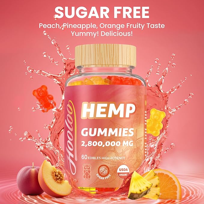 HOOLOO Hemp Gummies for Happier Bedtimes & Focus, Extra Strength 2,800,000mg Hemp Oil Infused, Gummy Bears Fruity, Sugar Free, Made in USA