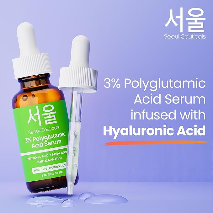 SeoulCeuticals Organic Polyglutamic Acid Serum - Korean Skin Care + Hyaluronic Acid + Centella Asiatica - K Beauty Anti Aging - Healthy Glowing Skin 1oz