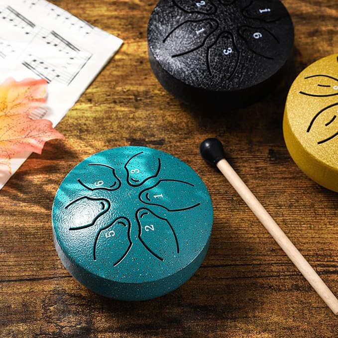 Facmogu Steel Tongue Drum Rain Chime, 3 Inch 6 Note Rain Drum for Outside, Chakra Drum for Outside Garden, Mini Hand Drum with Bag, Meditation Yoga Zen Gift for Beginner Adult - Green(Bowling Pattern)