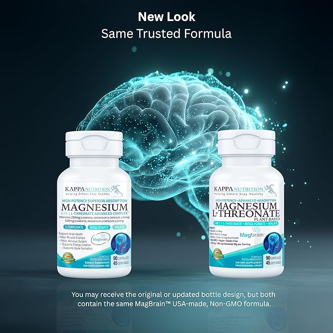Kappa Nutrition Powered by Magbrain™ Magnesium L-Threonate Plant-Based, 420mg Elemental Magnesium (3 Capsules) from 2,253mg, 90 Vegan Capsules, Brain, Sleep & Muscle Support.