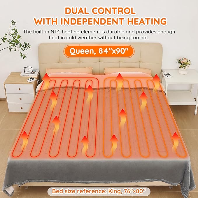 Mia&Coco Heated Blanket Queen Size -84"x90" Dual Control Flannel Electric Blanket,10 Heat Levels,10-Hour Auto-Off,Fast Heating,Overheat Protection, Soft Heating Blanket for Home and Office (Gray)