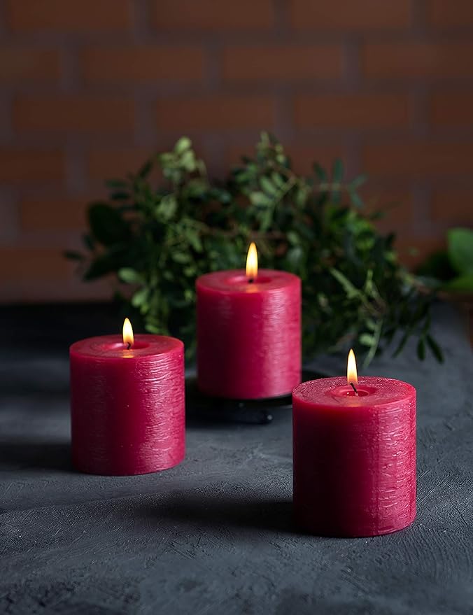 Set of 3 Pillar Candles 3" x 3" Unscented Handpoured Weddings, Home Decoration, Restaurants, Spa, Church Smokeless Cotton Wick - Burgundy