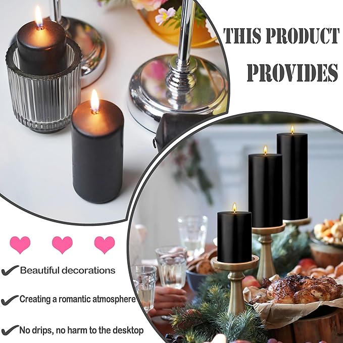 18 Pcs Black Pillar Candles Bulk Set，Hurricane Candles，3 Different Lengths (6 Each)，Dripless Unscented Smokeless，Gives You a Better Atmosphere When Organizing Wedding or Event Party.