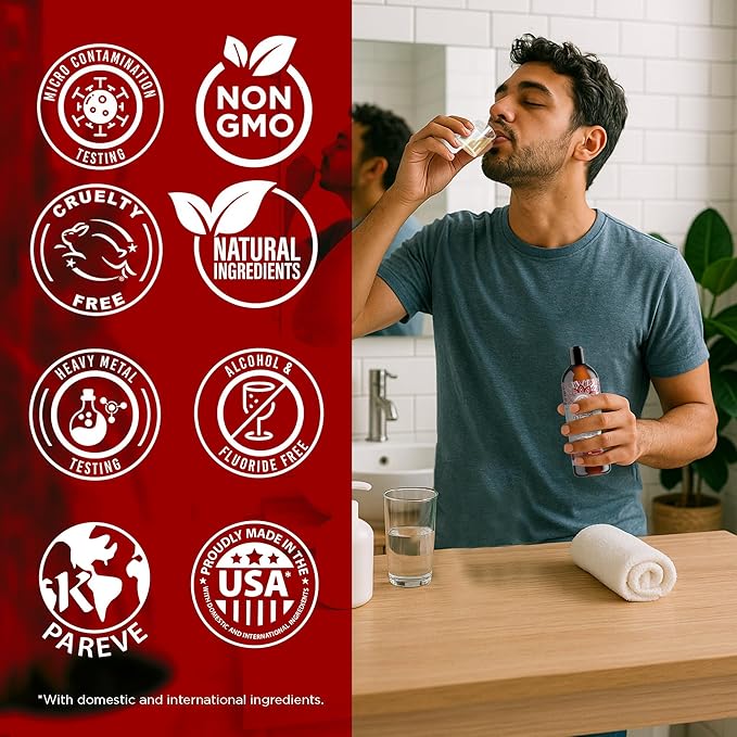 GuruNanda Cinnamon Oil Pulling Mouthwash, Promotes Calmness, with Neem & Ashwagandha for Fresh Breath & Happy Gums, Alcohol-Free, with Toothbrush & Tongue Scraper, 3X8 Oz