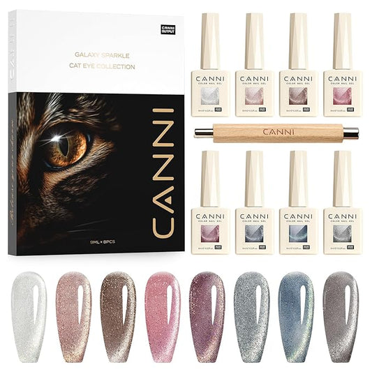 CANNI 8 Pcs 9 ML Cat Eye Gel Nail Polish Set, Jelly Pink Blue Silver Glitter Holographic Cat Eye Gel Polish Kit with Magnet Shimmer Colors Soak Off Led Manicure Salon DIY Gifts