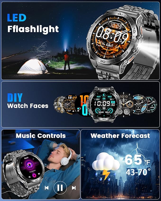 Military Smart Watches for Men with Bluetooth Call, 1.6" AMOLED Waterproof Smartwatch with Flashlight, 116 Sport Modes, 600mAh Heart Rate/SpO2/Sleep Monitor Fitness Tracker for Android iOS