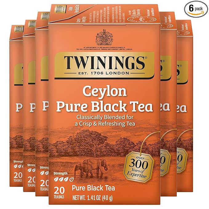 Twinings Ceylon Pure Black Tea Individually Wrapped Bags, 20 Count (Pack of 6), formerly Ceylon Orange Pekoe, Crisp, Refreshing, Caffeinated, Enjoy Hot or Iced, 120 Teabags