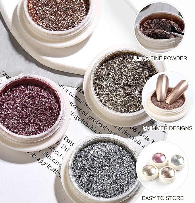 4 Color Chrome Nail Powder Set Holographic Metallic Mirror Effect Nail Chrome Glitter Silver Copper Rose Gold Champane Glazed Donut Nail Dust Manicure Pigment for DIY Nail Art Design