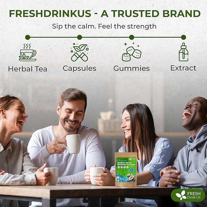FreshDrinkUS, Memory Brain Booster Herbal Tea – 40 Tea Bags – Ginkgo Biloba, Gotu Kola, Lion's Mane & MCT Coconut Oil – Smooth, Earthy Flavor – Caffeine-Free – Daily Herbal Blend for Anytime Use