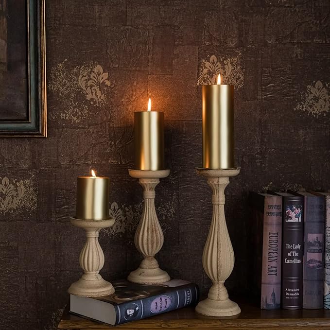 MOZEAL 3" x 8" Hand-Poured Unscented Large Candle,Smokeless Rustic Pillar Candle Set of 2,Slow Burn,No Drip,Approx 150 Hours Burning,Wedding,Dinner,Christmas and Home Decorative,Tall Gold Candle