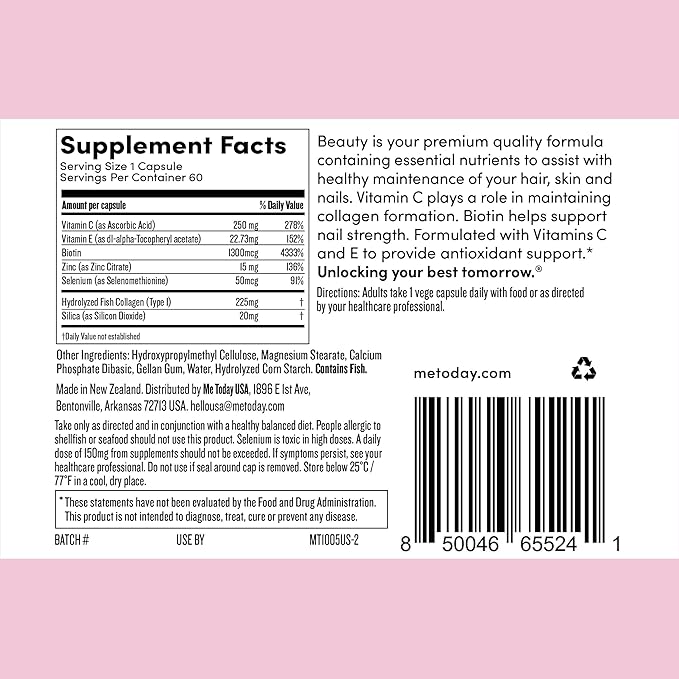 me today Beauty Supplement Hair, Skin and Nails, Vitamins for Women and Men – with Biotin, Collagen, Vitamin C, and Zinc for Stronger Hair, Glowing Skin & Healthy Nails,60 Servings