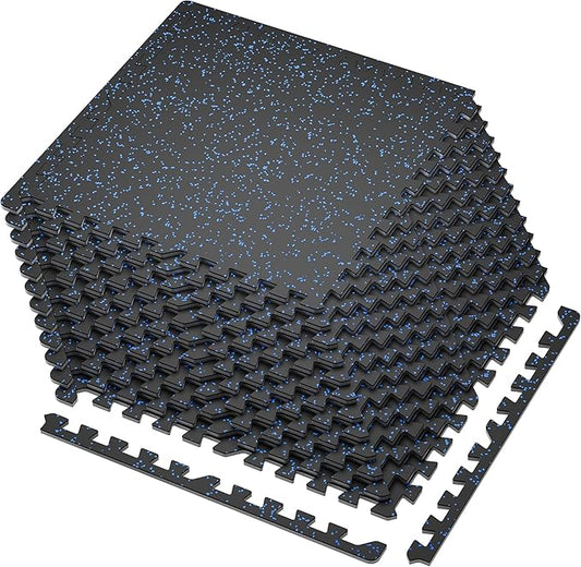 SUPERJARE 0.4'' Thick 12 Pcs 48 Sq Ft Rubber Top Exercise Equipment Mats, High Density EVA Foam Mats with Rubber Top, Interlocking Gym Flooring for Home Gym, Protective Workout Mat, Black/Blue
