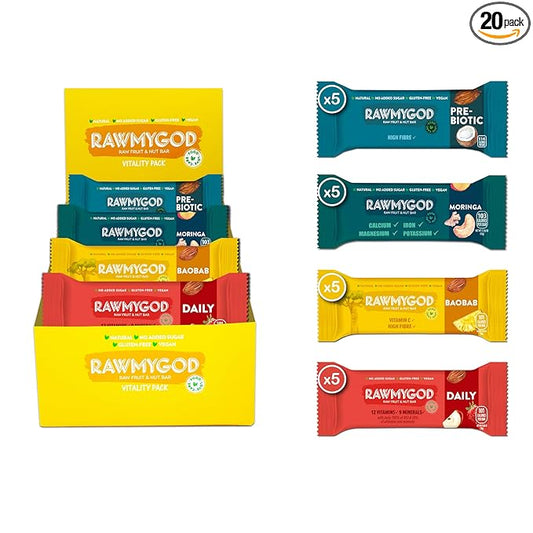 RAWMYGOD Fruit and Nut Bars, Gluten Free, Vegan, No Added Sugar (20 bars, Vitality Pack - 5 Prebiotic, 5 Moringa, 5 Baobab, 5 Daily)
