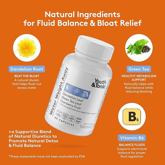 Youth & Tonic Natural Water Weight Away – Herbal Diuretic Pills for Bloating, Water Retention & Swelling Support for Women & Men – 60 Caps with Dandelion, Potassium, Green Tea & Apple Cider Vinegar