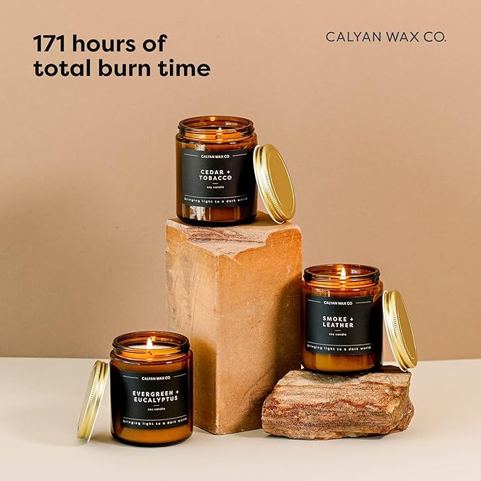 Calyan Wax Co. Masculine Scented Candle Gift Set - 3 Scented Candles - 57 Hour Burn - Luxury Non Toxic Soy Wax Candles - Long Lasting Amber Glass Jar Candle for Home - 7.2oz
