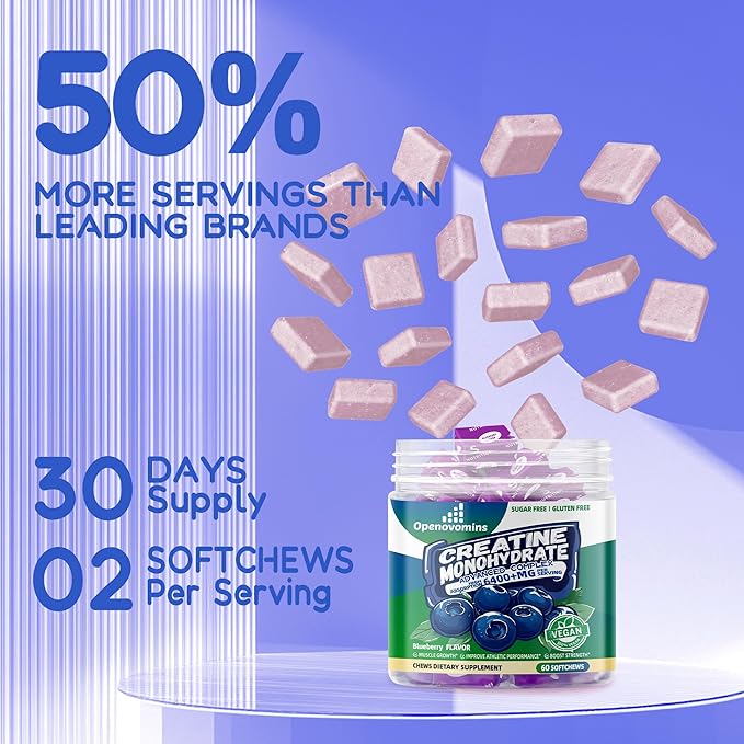 Creatine Monohydrate Soft Chews Complex 6400mg for Men & Women -Advanced Formula W/L-Taurine + Vitamin B12, Sugar Free Chewable Supplement,60 Blueberry Softchews