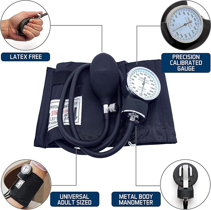Santamedical Adult Deluxe Aneroid Sphygmomanometer - Professional Blood Pressure Monitor with Adult Black Cuff and Carrying case (Light Black)