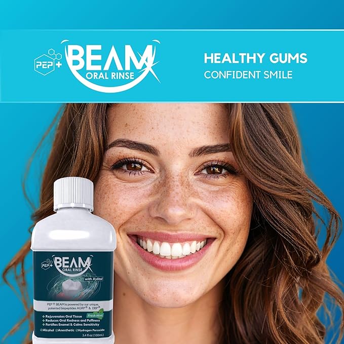 PEP+ BEAM Oral Rinse with Peptides & Xylitol – Travel Size Mouthwash for Gum Health, Fresh Breath & Oral Comfort – Alcohol Free Mouthwash for Adults & Kids – Non Toxic Mouth Rinse – 3.4 fl oz (2 Pack)