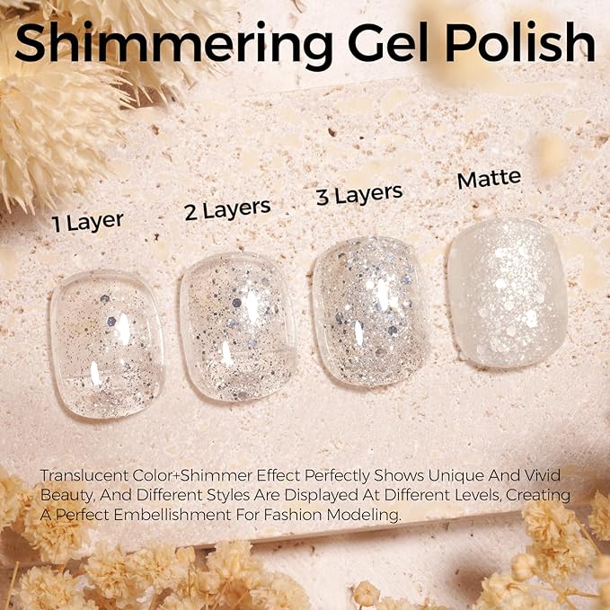 TOMICCA Clear Glitter Gel Nail Polish, Sparkle Sheer Silver Nail Gel Polish, Soak Off UV Transparent Shimmer Clear Nail Polish Natural Color Nail Art DIY Manicure Salon