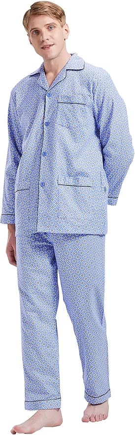 GLOBAL Men's Pajamas Sets 100% Cotton Flannel Sleepwear Long-Sleeve top & Bottom
