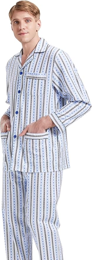 GLOBAL Men's Pajamas Sets 100% Cotton Flannel Sleepwear Long-Sleeve top & Bottom