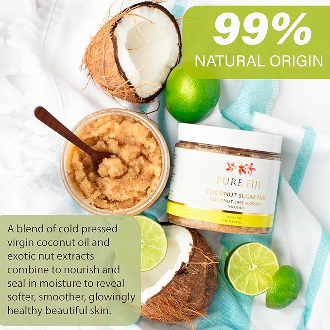 Pure Fiji Coconut Sugar Body Scrub - Body Exfoliator Scrub Natural Origin for Smooths and Softens Skin - Organic Exfoliating Sugar Scrub for Body, Coconut Lime Blossom, 15.5 Oz