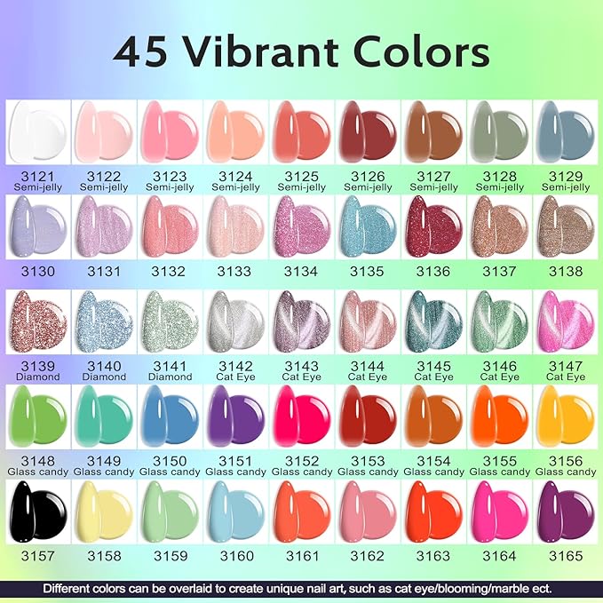 Lavender Violets 49 PCS Gel Nail Polish Set, 45 Colors Cat Eye Reflective Glitter Gel Polish with Nail Primer, Base Coat, Glossy & Matte Top Coat Jelly Nude Red Brown Gifts for Women