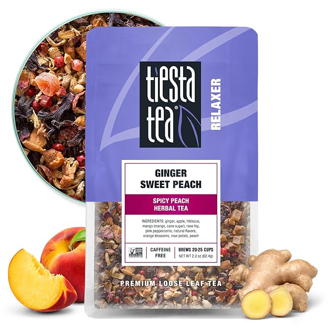 Tiesta Tea - Ginger Sweet Peach, Loose Leaf, Spicy Peach Herbal Tea, Non-Caffeinated Tranquility Blend, Bulk Herbal Leaves with Hibiscus & Cane Sugar, 25 Cups, 2.2 Ounce Resealable Pouch