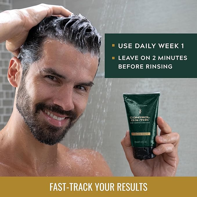 Just for Men Control GX + THK Thickening Shampoo and Conditioner with Grey Reduction, Shampoo for Thinning Hair with Alpha Keratin, Thickens Hair Up to 20%, Works with Every Hair Texture, 4 oz