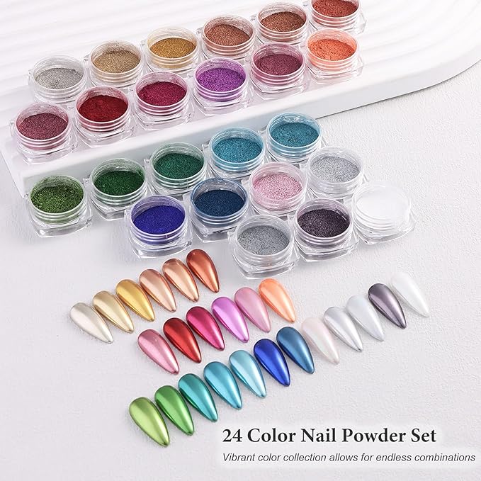 24 Colors Chrome Nail Powder Set Metallic Mirror Effect Holographic Nail Powder Iridescent Aurua Nail Chrome Powder Pigment Dust for Nail Art Decor French Manicure Supplies