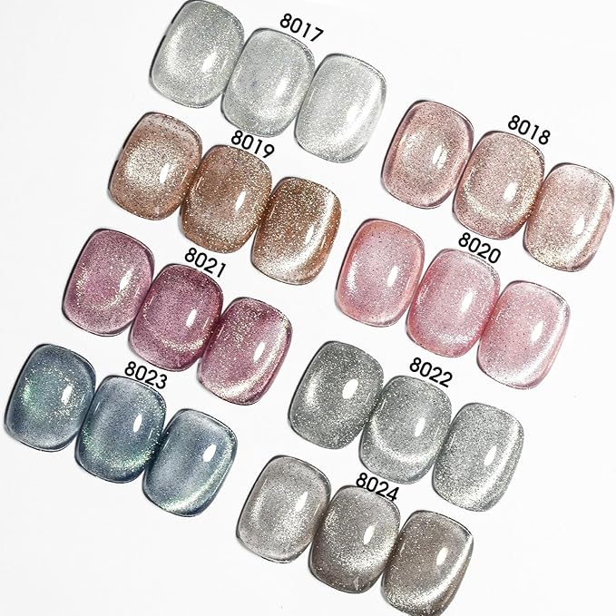 CANNI 8 Pcs 9 ML Cat Eye Gel Nail Polish Set, Jelly Pink Blue Silver Glitter Holographic Cat Eye Gel Polish Kit with Magnet Shimmer Colors Soak Off Led Manicure Salon DIY Gifts