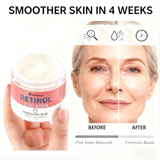Retinol, Collagen & Hyaluronic Acid Cream, Anti-Wrinkle Face Moisturizer for Day & Night Use | Firming Neck & Décolleté Treatment 1.7 fl oz