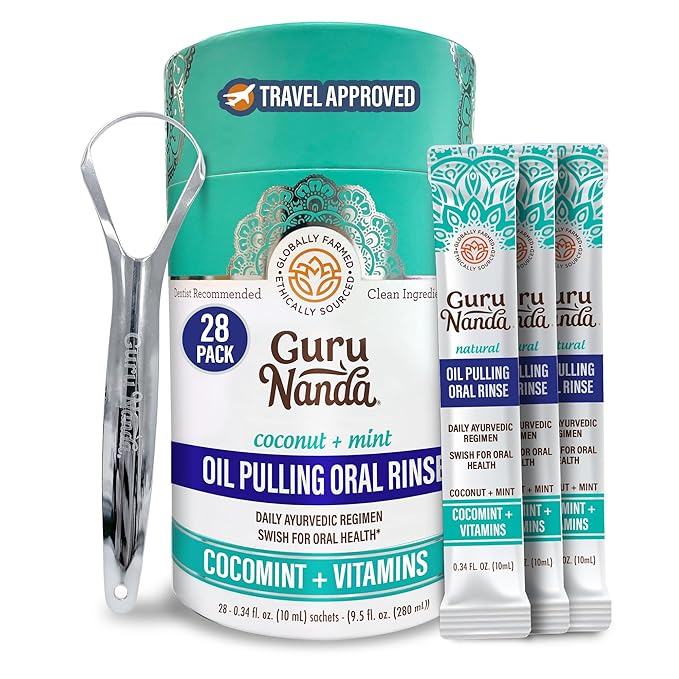 GuruNanda Travel Sachets Coconut Oil Pulling, Fresh Breath Mouthwash, 7 Essential Oils & Vitamins for Happy Teeth & Gums, 28 Sachets