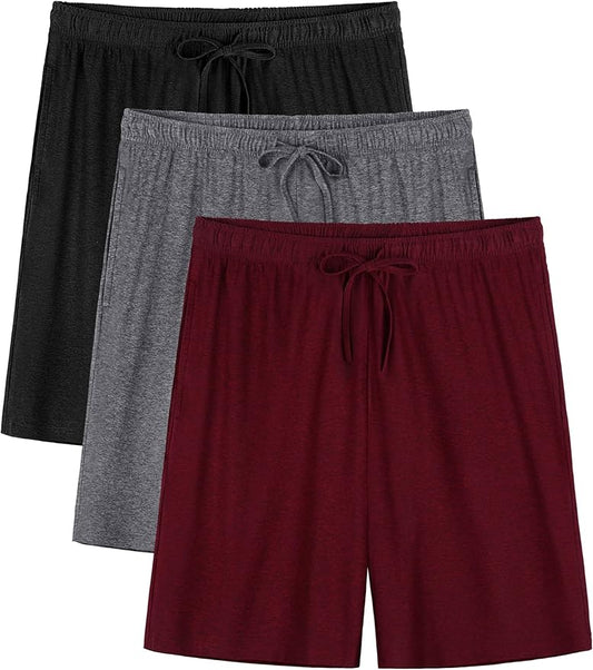 3 Pack Mens Pajama Shorts, Soft Sleep Shorts with Pockets Elastic Waist Drawstring Lounge Dry Fit Sleepwear Bottoms