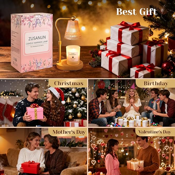 Candle Warmer Lamp Adjustable Height & Dimmable, Electric Candle Warmers for Jar Candles, Home Decor Lamp with Timer, Perfect Gifts for Women Men, Safe Night Light for Bedroom Office (Amber-wood)