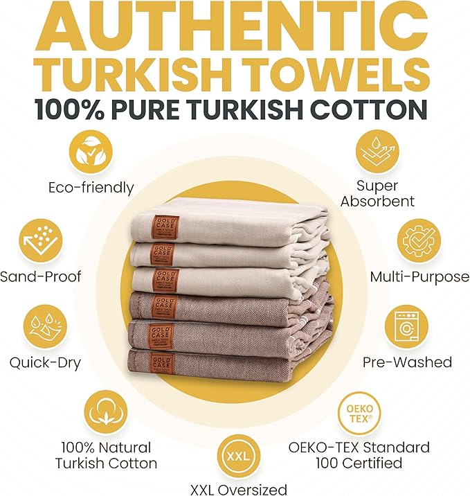 Gold CASE LYCIA Turkish Beach Towel Set of 6 – 100% Cotton Turkish Beach Towels Bulk 70 x 38'' – LYCIA Oversized, Quick Dry & Sand Free Beach Towel – Lightweight Towels Set in Mocha Mousse