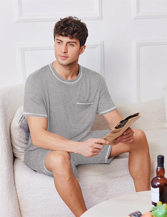 Ekouaer Men's Pajamas Set Casual Short Sleeve Shirts and Shorts Soft 2 Piece Loungewear With Pockets